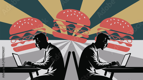 Two businessmen craving burgers while working on laptops in modern office