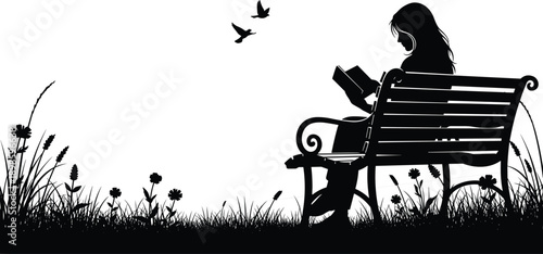 Woman reading book on park bench silhouette vector illustration, peaceful outdoor scene with birds and flowers, black nature concept, isolated on white background