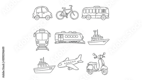 Diverse Transport Collection: An assortment of line art illustrations, capturing the essence of various modes of transport in a minimalist monochrome style.