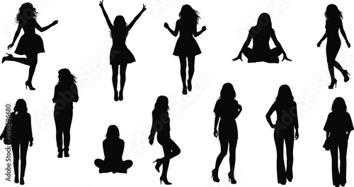 Women silhouette pose collection vector illustration, female fashion figures set, standing sitting jumping poses, black human shapes, isolated on white background