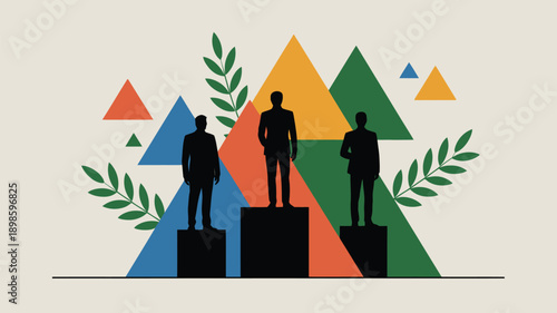 Business professionals standing on podiums in colorful geometric landscape with leaves