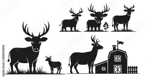 Collection of Deer Silhouettes in Various Poses and Settings.