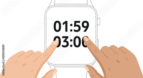 Smartwatch Digital Timer Interface Vector Illustration. Hands Interacting with Fitness Tracker Screen for Workout Timing and Stopwatch Function.