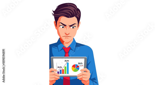 Angry Businessman Analyzing Poor Financial Data Charts on Tablet. Frustrated Corporate Man Looking at Bad Stock Market Results.