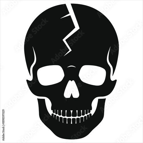 Minimalist Black Skull Silhouette Vector with Jagged Crack Line. Abstract Broken Skullhead Icon Design for Danger, Warning, or Edgy Graphic Elements.