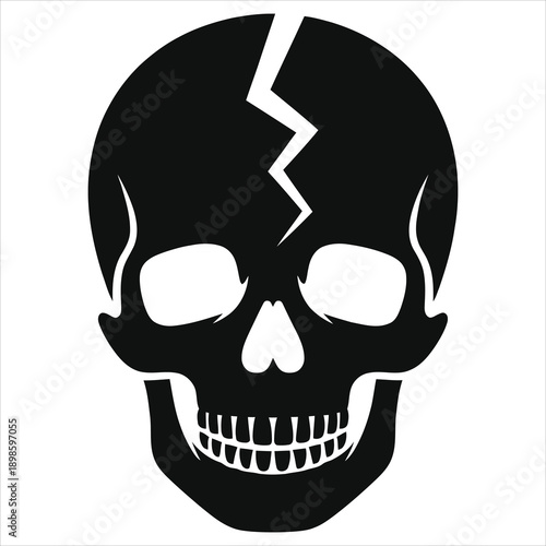 Minimalist Cracked Skull Silhouette Vector Icon Design - Abstract Broken Human Skull Symbol with Lightning Crack, Halloween Spooky Head Logo