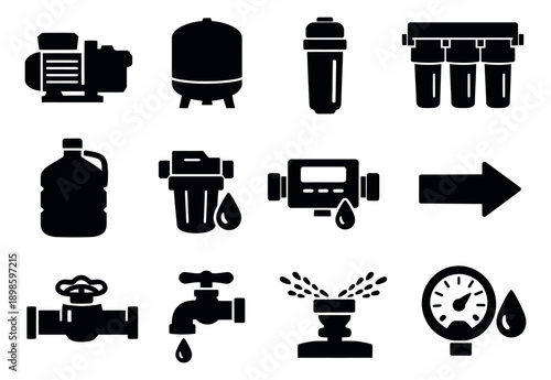 Clip art plumbing and water system icons set featuring essential equipment like pumps, filters, and valves for water management and utility services