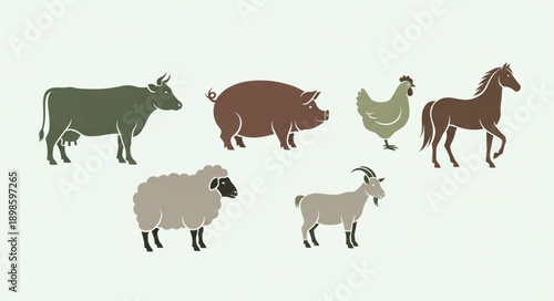 Collection of Farm Animals in a Row.