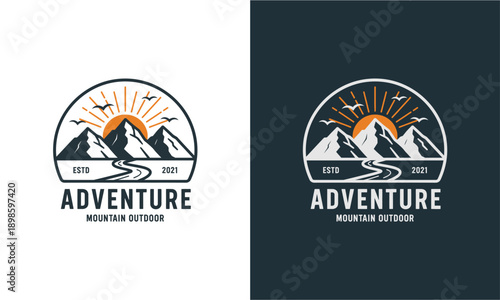 Outdoor adventure logo design concept with mountain landscape and sunrise, featuring the word 'ADVENTURE' and '1270.eps' vector illustration
