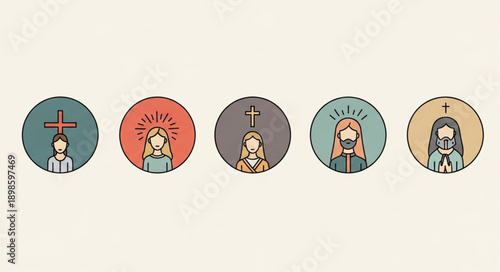 Set of five circular icons representing religious figures and symbols.