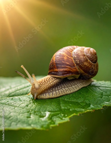 Close-up of a snail crawling on a vibrant, green leaf with sunbeams