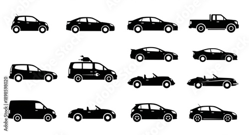 Collection of Diverse Car Silhouettes in Black and White.