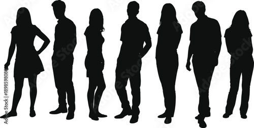 Seven silhouetted individuals in varied postures and attire standing in a row, representing diversity, human form, anonymity, and minimalist posture analysis.