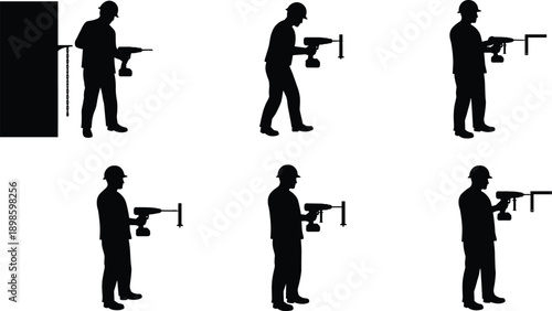Construction worker using power drill on wall, drilling process step by step with safety gear, industrial labor concept, cad drawing flat vector illustration