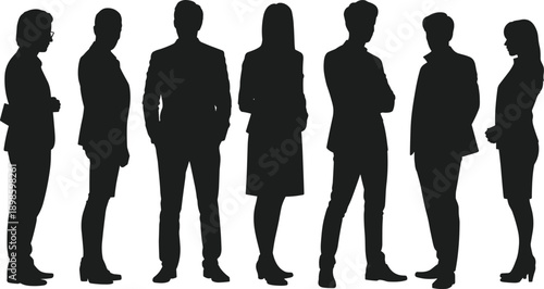 Seven silhouetted professionals in varied postures and attire standing in a row, symbolizing corporate diversity, teamwork, communication, and modern business dynamics