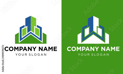 Modern Corporate Logo Design Template with Abstract Building Shapes on Green and White Backgrounds for Company Branding