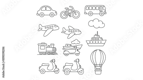 Transportation Collection: An engaging illustration showcases a variety of transportation modes, each meticulously outlined. From cars and bikes to planes and boats, it's a visual journey. 