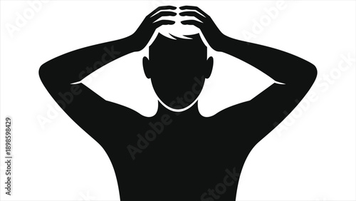 Silhouette of Frustrated Person Pulling Hair in Stress – Black and White Vector Illustration Representing Anxiety, Mental Pressure, Burnout, Depression, Emotional Struggle and Desperation