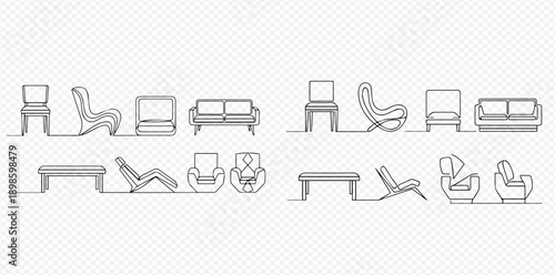 Set of modern furniture line art illustrations including chairs, sofas, and benches for interior design concepts.