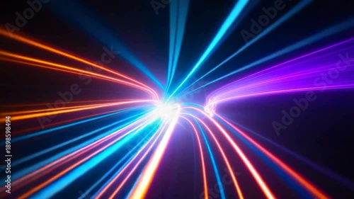 Neon light trails race across a dark canvas, shifting from warm orange to cool blue, forming halos and arcs in dynamic motion and electric energy