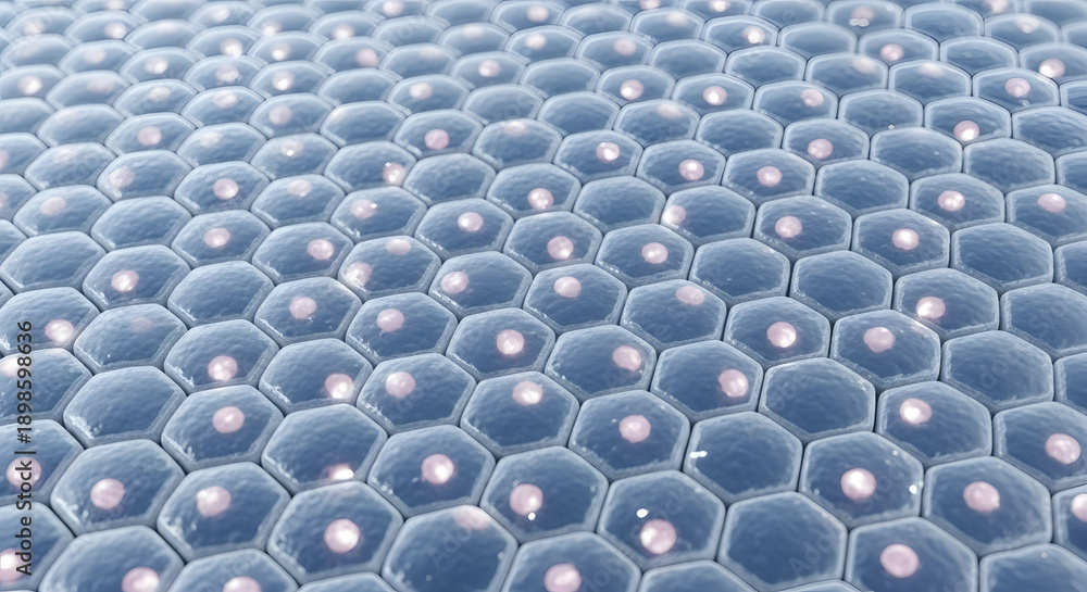Obraz premium Detailed microscopic view of a vibrant blue hexagonal cellular tissue with distinct glowing nuclei, representing fundamental biological structures.