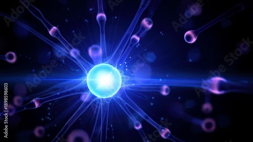 Glowing blue neuron with translucent axons and dendrites radiating in a dark background, purple synaptic vesicles pulsing and drifting light points as the camera glides into the micro world