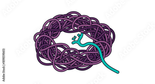 Problem Solving Concept: Plug Head Emerging from a Chaotic Tangle of Purple Electric Wires and Network Cables