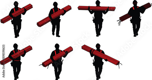 Construction workers carrying red pipes on shoulders, teamwork material handling and transport process with safety gear, cad drawing flat vector illustration