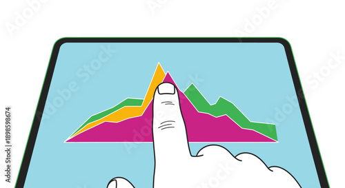 Finger Tapping Peak Data on Tablet Screen: Business Area Chart, Growth Analysis, Mobile Finance Technology Illustration