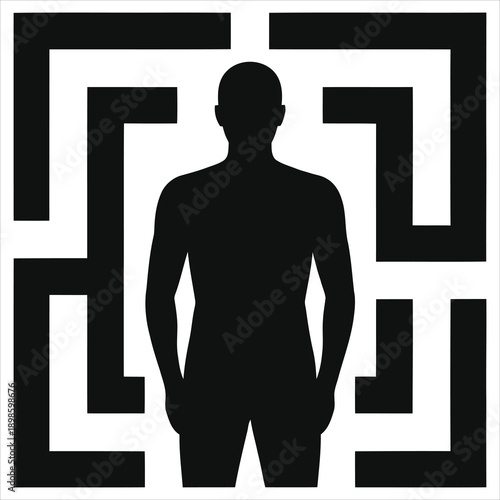 Person Silhouette Trapped Inside Maze Shape, Abstract Concept Illustration of Mental Block, Confinement, Business Challenge, Stress, Anxiety, Life Limitations, Frustration and Being Stuck