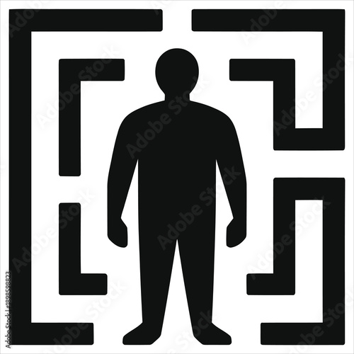 Silhouette of a Man Trapped Inside a Geometric Square Maze Labyrinth, Minimalist Conceptual Illustration of Mental Health, Anxiety, Feeling Stuck, Isolation, Confinement, and Social Pressures Icon