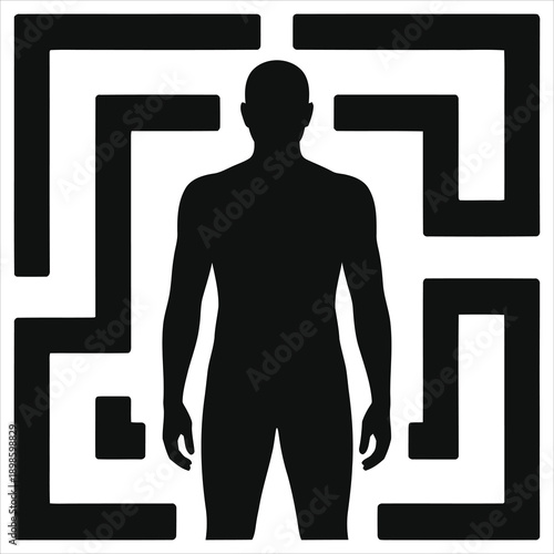 Man silhouette trapped inside maze, person stuck in labyrinth icon, mental health struggle, business challenge, problem solving obstacle, stress, anxiety, depression, life limitations abstract 