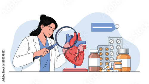 Professional female doctor in a white coat examines a detailed anatomical model of a human heart using a large magnifying glass.