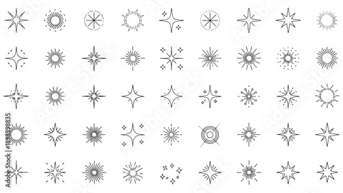 Extensive grid of diverse black and white star sparkle and twinkle icons provides a variety of decorative geometric elements.