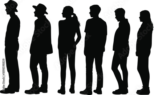 Six silhouetted individuals in varied attire and posture facing left, symbolizing diversity, anonymity, identity, and minimalist representation of social dynamics.