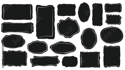 Large collection of black vintage label and frame silhouettes with white border lines offers diverse options for graphic design.