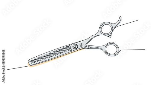 Professional hair thinning shears used by barbers and stylists are illustrated in a detailed black and white line art style.
