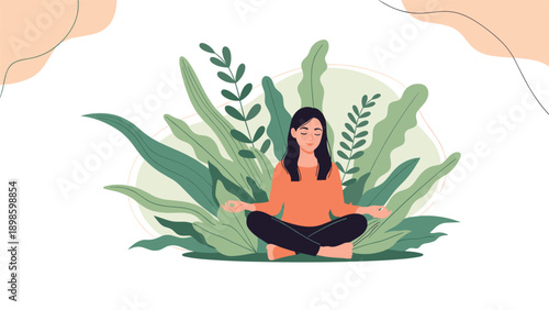 Peaceful woman meditates in a lotus pose surrounded by lush green leafy plants to represent mindfulness and inner tranquility.