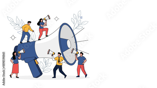 Diverse group of people stand around a giant blue megaphone representing communication activism and public speaking concepts.