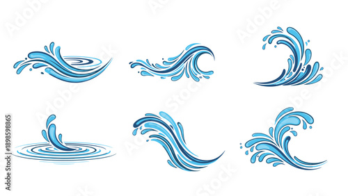 Set of six dynamic blue water wave and splash illustrations captures the movement and energy of liquid in different forms.