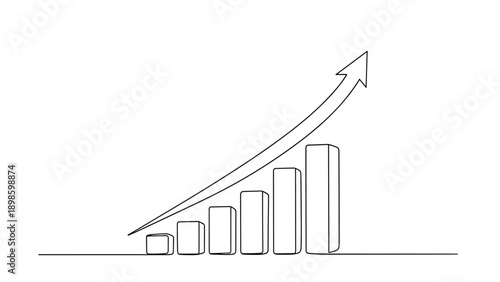Simple line drawing shows a rising bar chart with an upward pointing arrow to represent business growth and financial success.