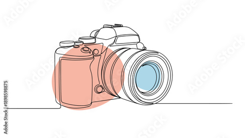 Modern DSLR camera is rendered in a minimalist single line drawing style with subtle red and blue color highlights on white.