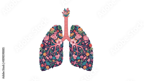 Artistic representation of human lungs filled with a vibrant arrangement of colorful flowers and leaves on a white background.