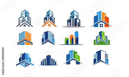Collection of modern building icons in various colors and architectural styles displayed on a clean background from a straightforward viewpoint