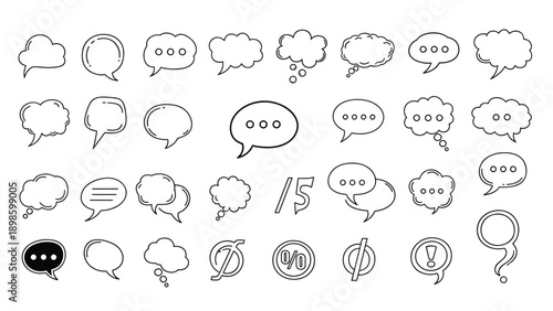 Large collection of hand drawn speech and thought bubble icons in different shapes and styles for comic and web design use.
