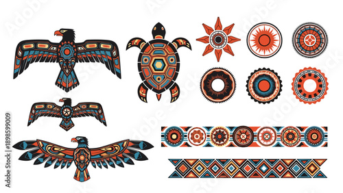 Collection of indigenous Native American symbols including eagles, a turtle, and sun patterns in traditional earthy colors.