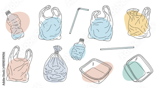 Illustration of various plastic waste items like bottles, bags, and straws to raise awareness about environmental pollution.
