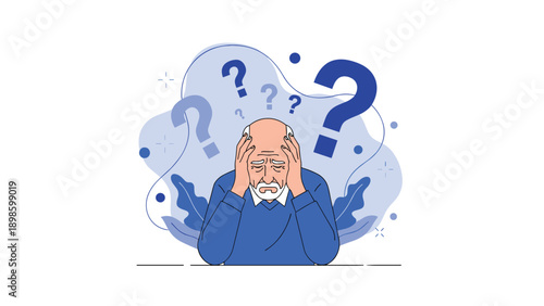 Stressed senior man holding his head with several question marks around him symbolizing confusion or memory loss issues.