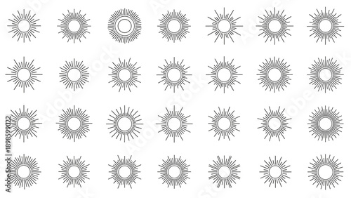 Large set of diverse black line sun and star symbols with various ray patterns and geometric shapes for graphic design.