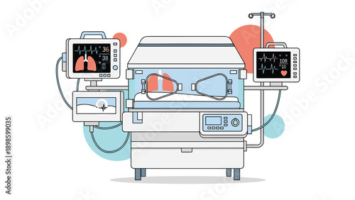 Modern medical baby incubator in a hospital setting with multiple digital monitors showing vital signs and lung activity.